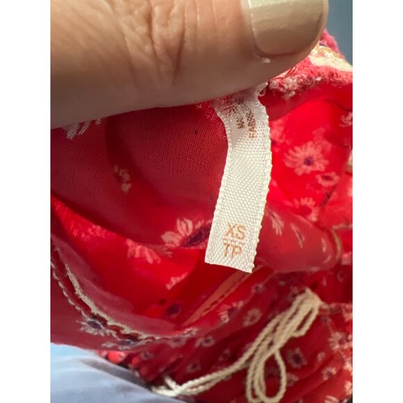 Free People XS Red Floral Boho Blouse With Tie Front & Lace Details Lagenlook - Picture 6 of 10